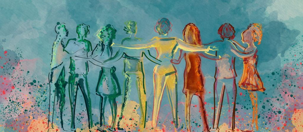 Water color painting of a group of people holding arms together. 