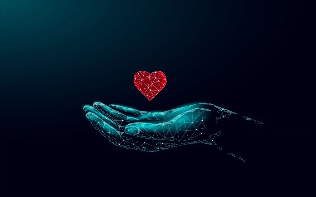 A graphic design image of a hand holding a floating heart.