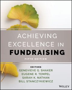 A graphic design of the book cover for Achieving Excellence in Fundraising, 5th Edition.