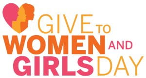 Graphic image reads: give to women and girls day. It displays three female profile figures inside a heart. 